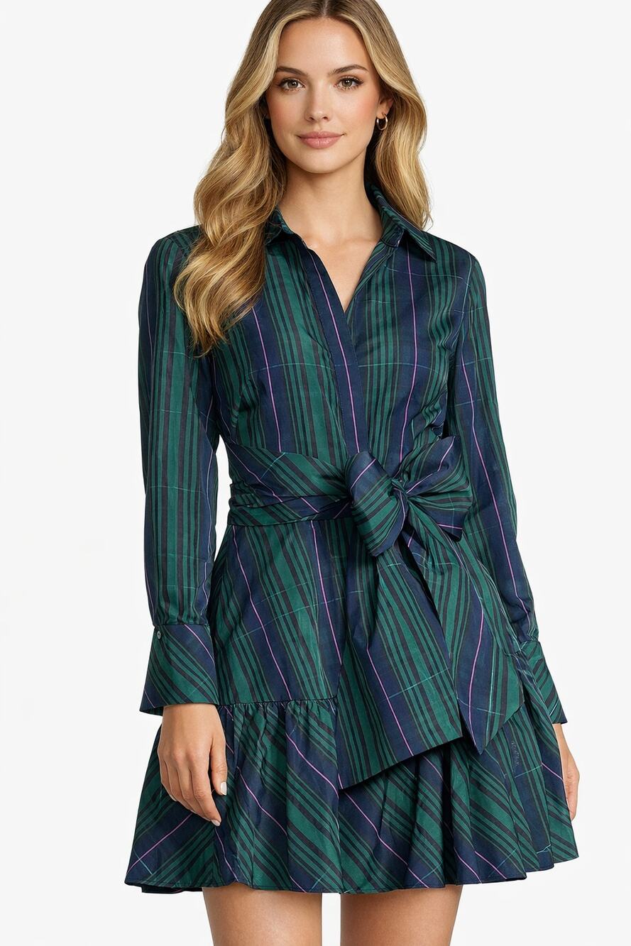 Vineyard Vines Plaid Taffeta Tie Waist Mini Shirtdress Green Womens Size 6